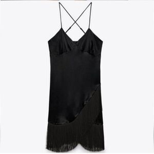 Zara - Black Satin Fringe Dress- Brand new with tag